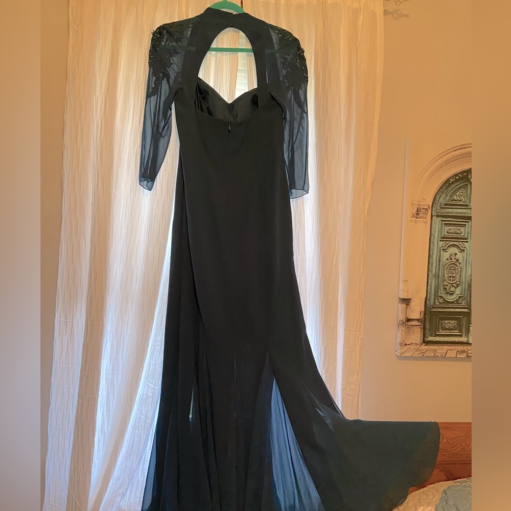 Gorgeous Evening Gown.  Dark teal.  Beading on sheer sleeves.  Size 12